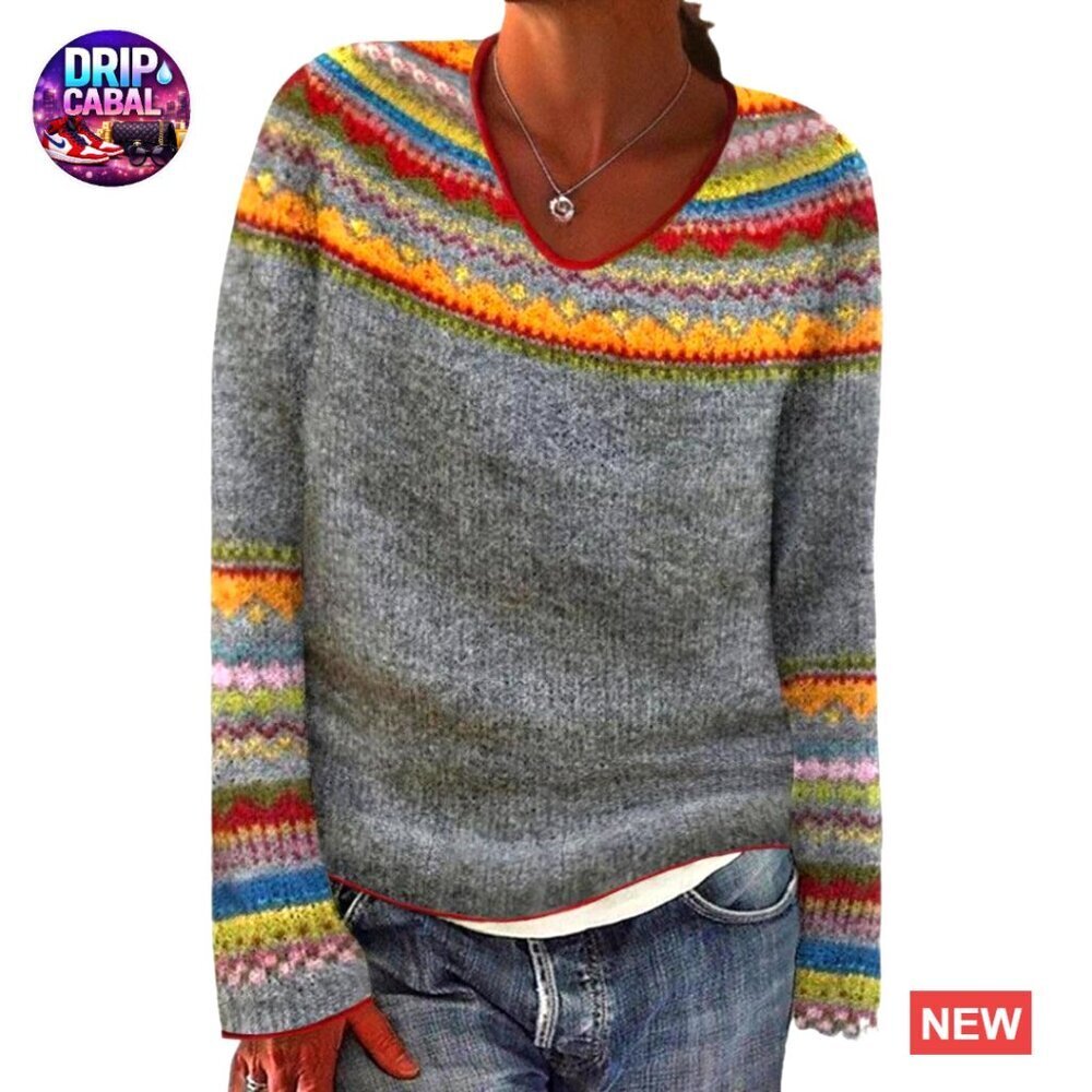 Retro Fair Isle Knitted Sweater Oversized Pullover V-Neck Bohemian Lightweight